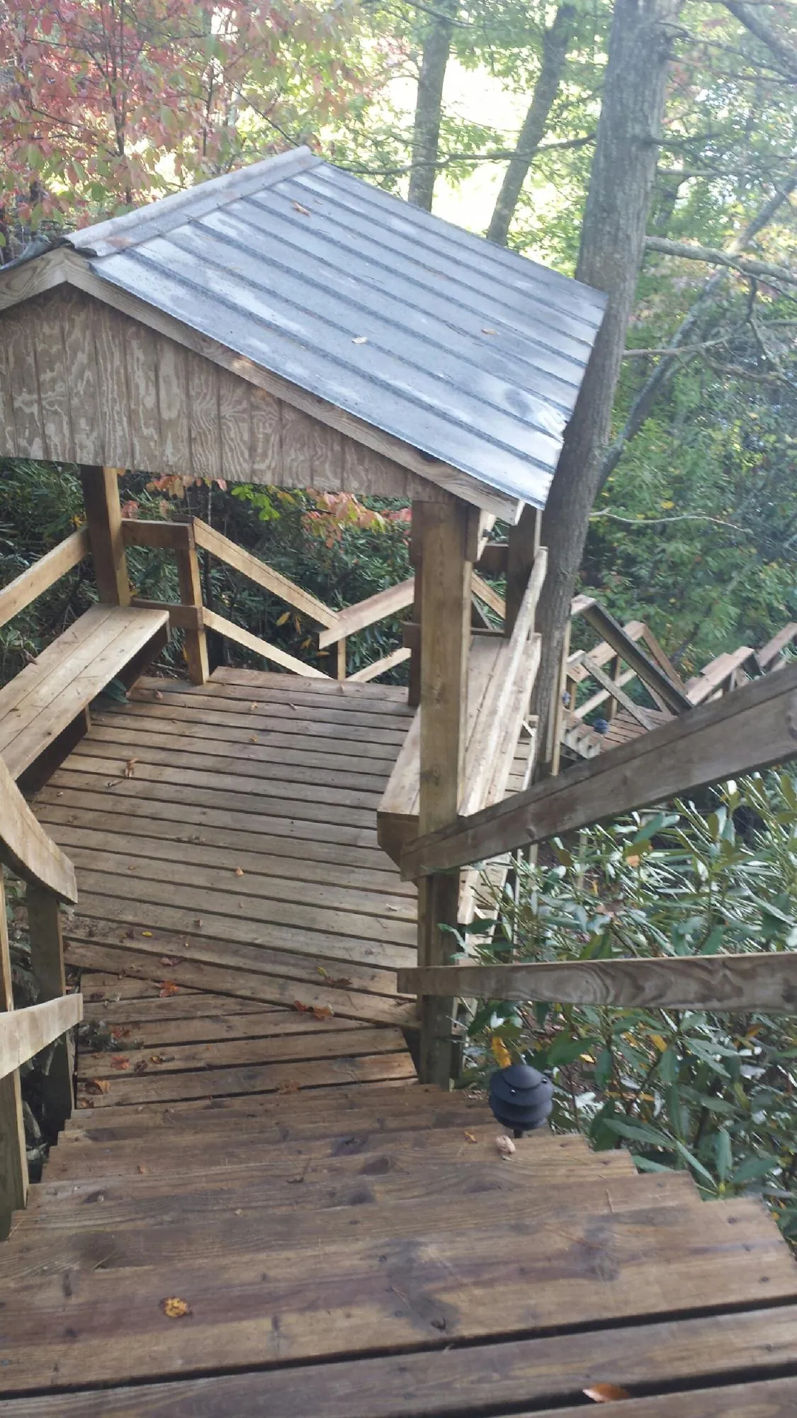 Metal roofed shelter over wooden steps on a wooded walkway — Skylight Repair & Installation work by our crew in Newton Upper Falls